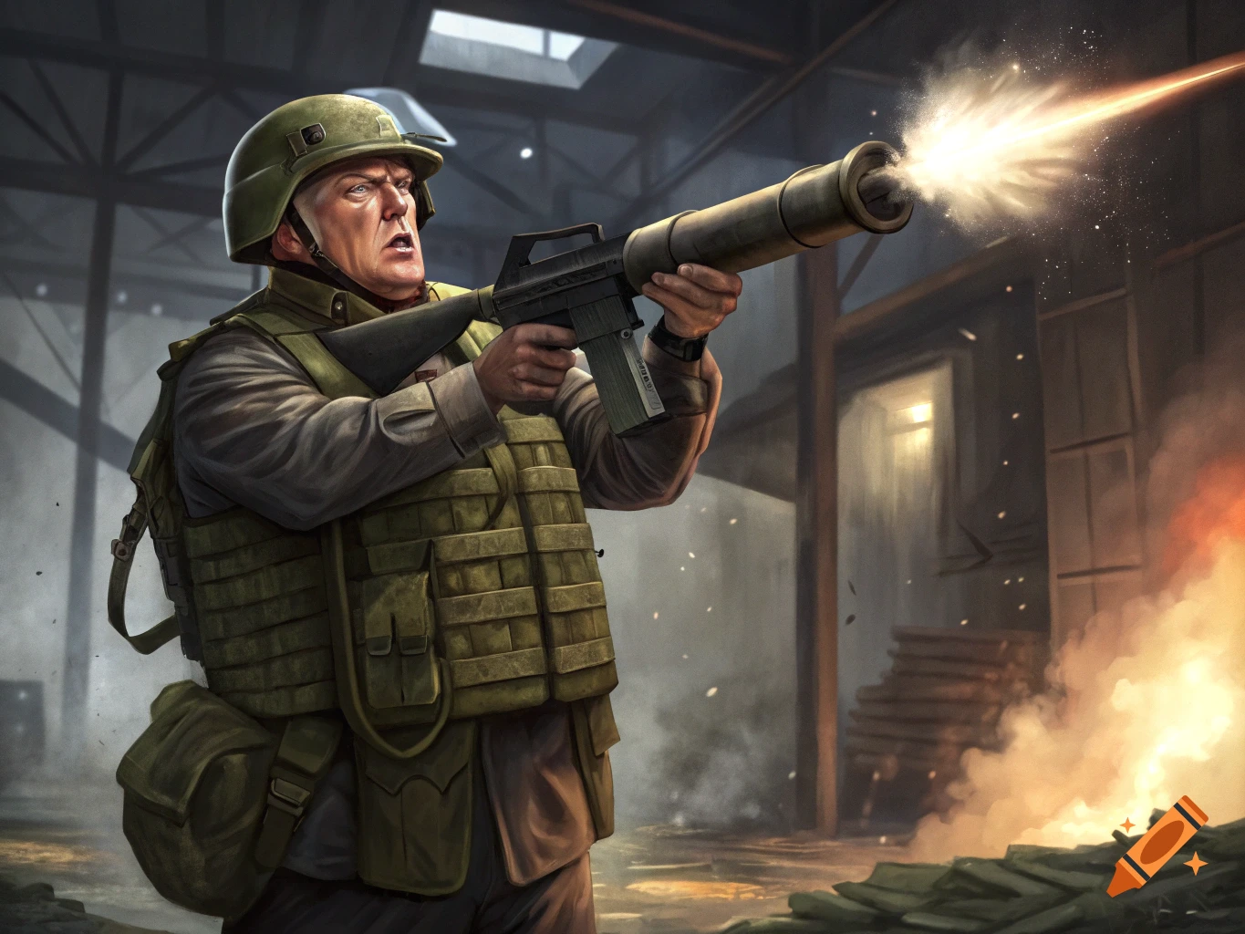 A man resembling Donald Trump in military gear fires a large weapon with a muzzle flash in a warehouse.
