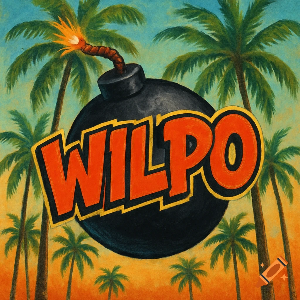 A cartoon bomb with the word 'WILPO' emblazoned on it, set against a backdrop of palm trees and a vibrant blue and orange sky in a painterly style.