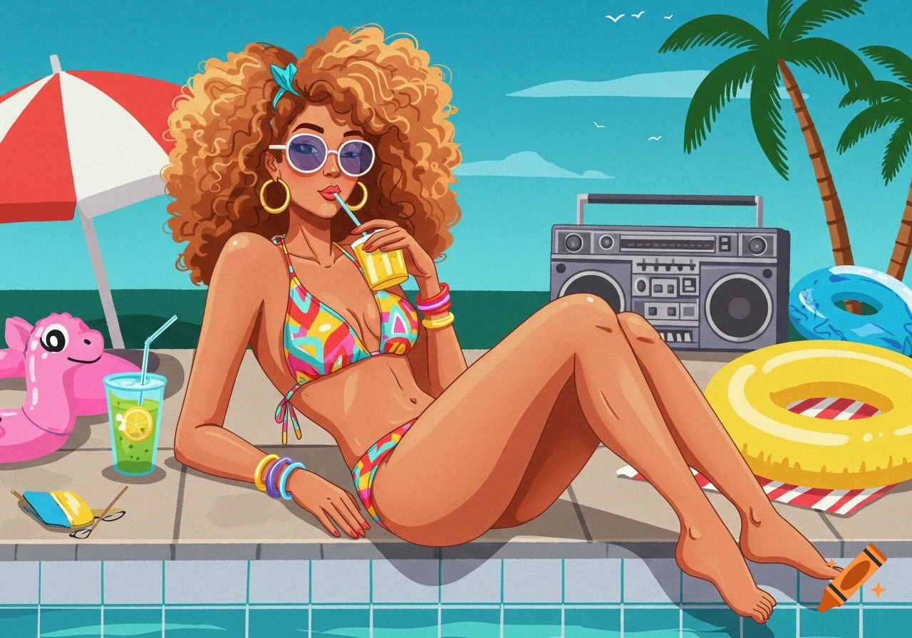 Vibrant 1980s-style illustration of a woman in a colorful bikini relaxing poolside, sipping a drink with a boombox and palm trees in the background.