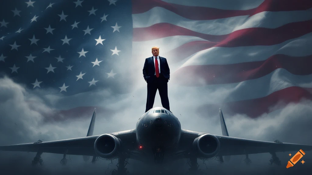 Donald Trump stands atop a large aircraft with an American flag waving behind him against a cloudy sky.