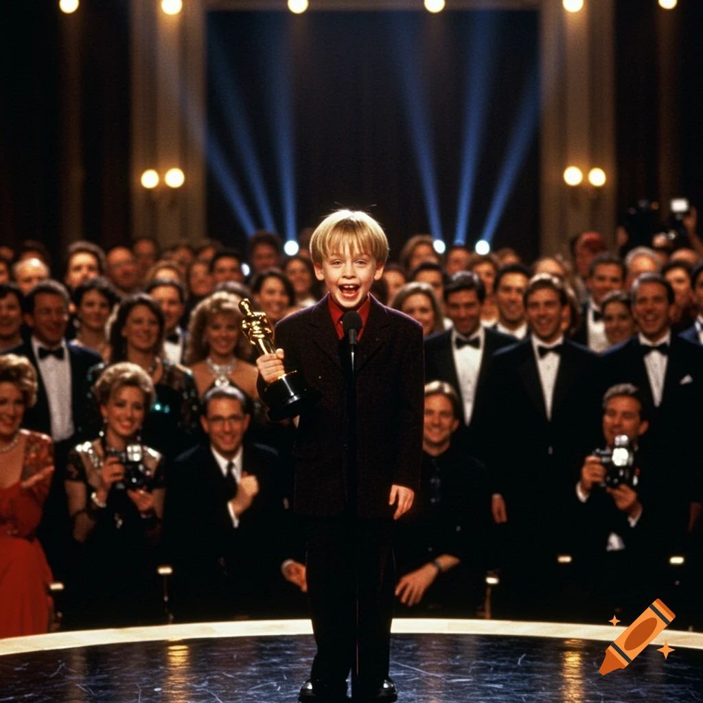 A young boy in a suit, resembling Kevin from Home Alone, stands on a stage holding an Oscar award, with an audience watching.