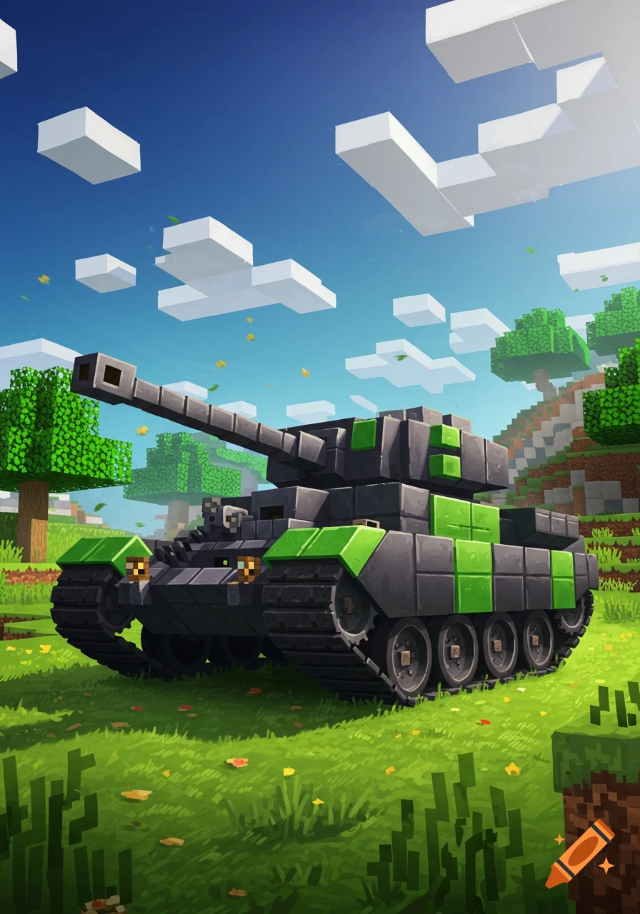 A blocky, green and gray tank stands in a grassy field under a blue sky with cubic clouds, in a Minecraft-style landscape.