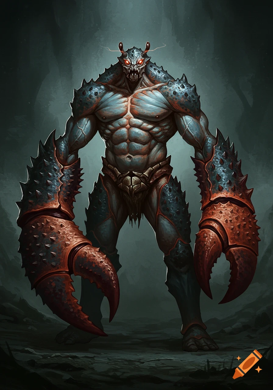 A towering, muscular crab monster with glowing red eyes and large, spiked red and blue claws, standing in a dark cavern.