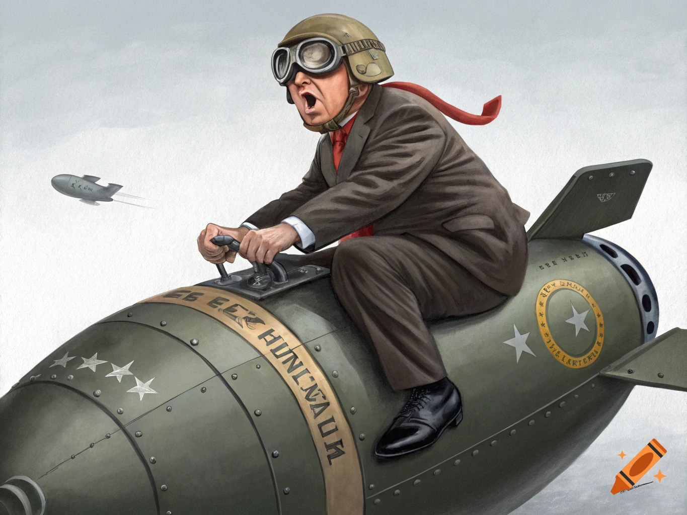 Caricature of Donald Trump in a pilot helmet and goggles, riding a large bomb like a horse.
