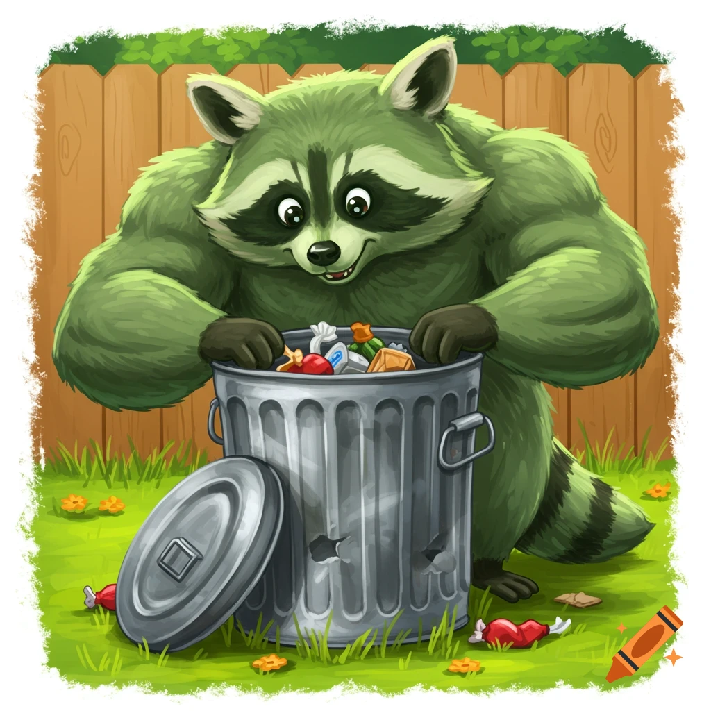 A muscular, green cartoon raccoon with large ears digs through a metal trash can in a grassy yard next to a wooden fence.