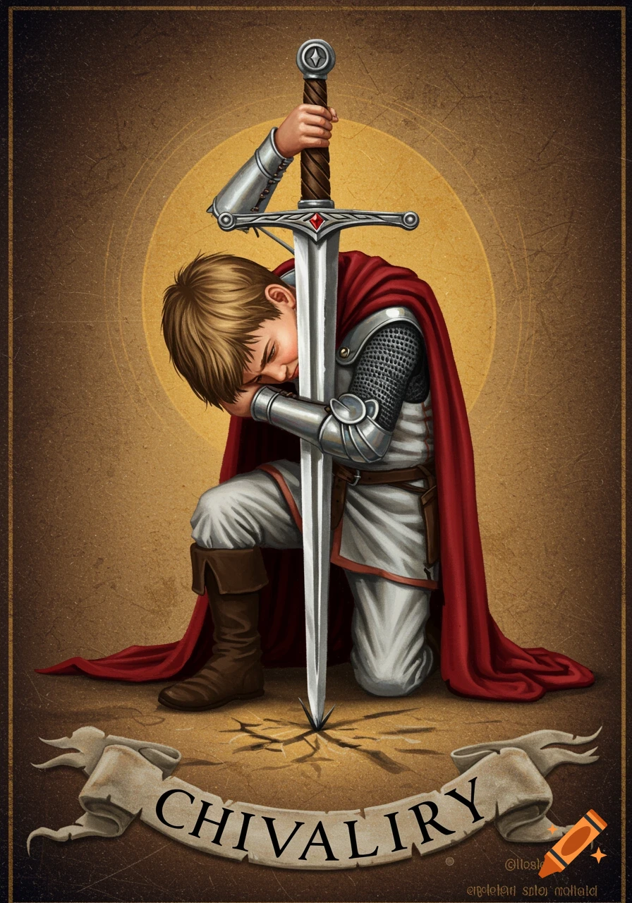 An illustration of a young boy knight in armor and a red cape kneeling, holding a large sword, with the word 'CHIVALRY' on a banner.