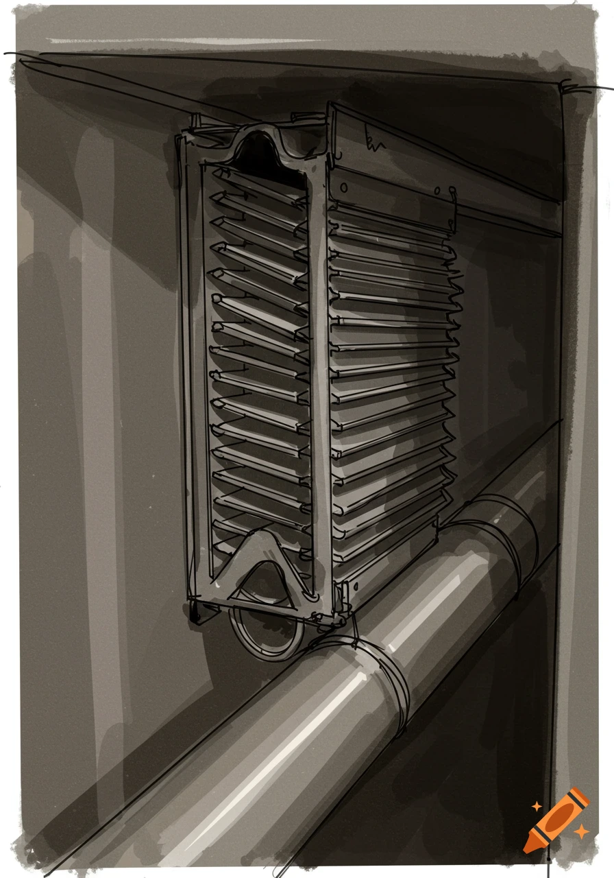 A monochromatic sketch illustrating metal fins attached to a large tube within an enclosed industrial space.