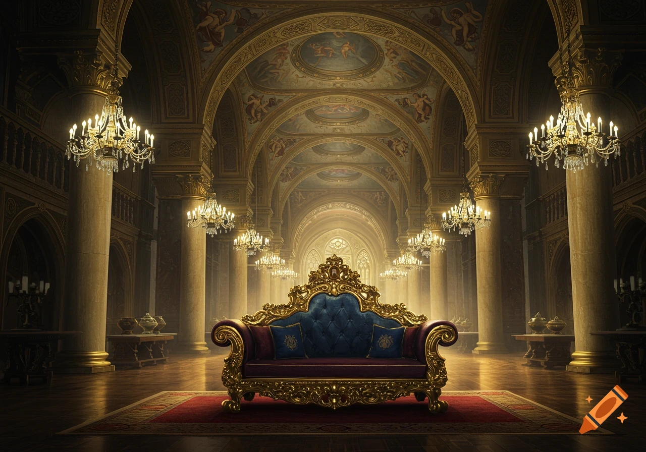 A grand gold and blue velvet couch sits on a red rug in a long, majestic palace ballroom with ornate columns and chandeliers.