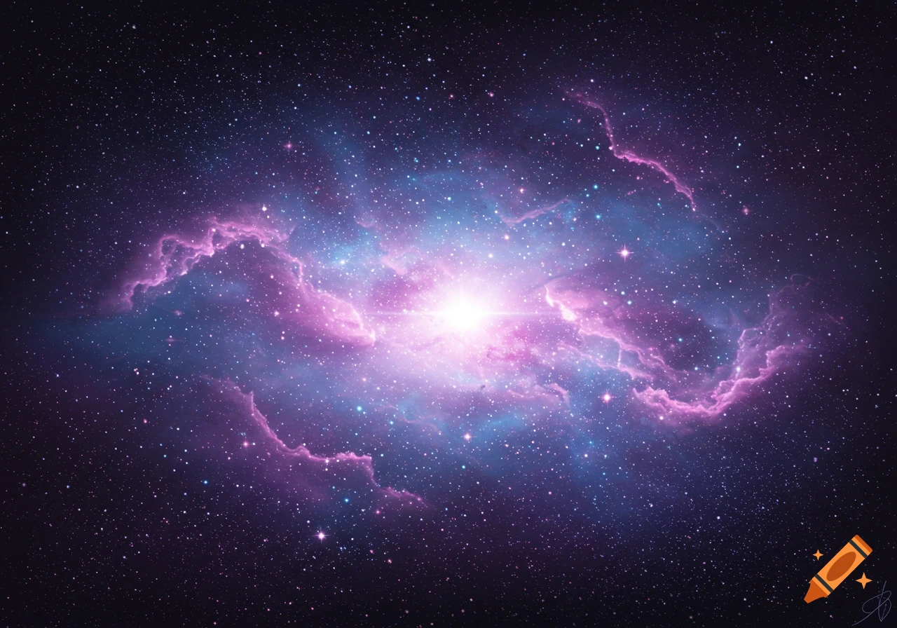 A vibrant nebula in deep space with glowing pink and blue gas, surrounded by countless bright stars.