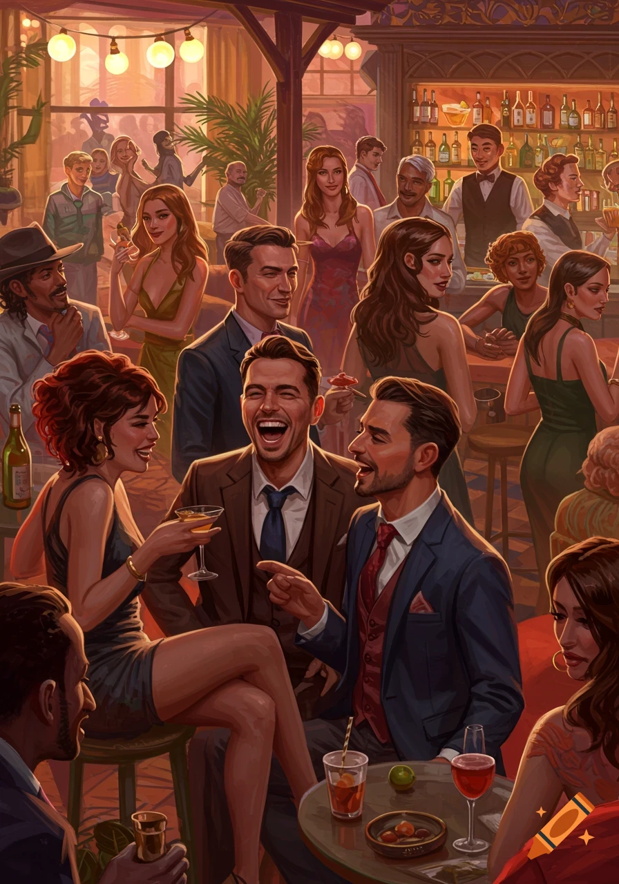 A vibrant digital painting of many people socializing and drinking at a lively bar or restaurant, with a warm, inviting atmosphere.