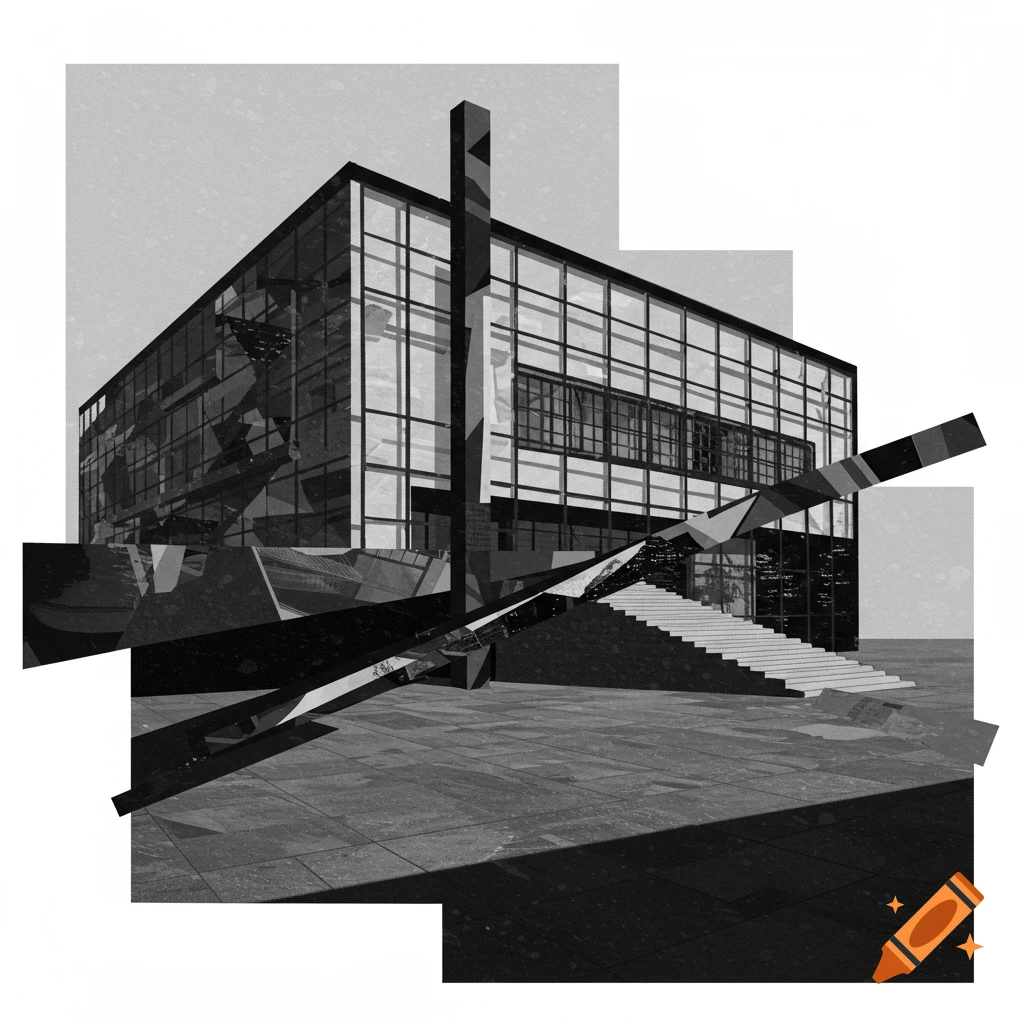 A black and white architectural collage featuring a modernist glass building with a large staircase and fragmented geometric shapes.