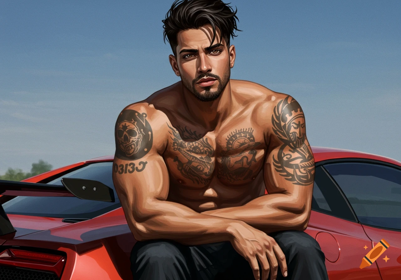 A muscular, tattooed man with dark hair and a beard leans on a red supercar under a clear blue sky, in a stylized digital illustration.