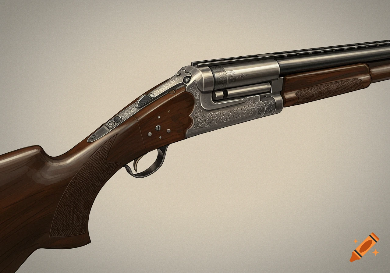 A detailed, photorealistic image of a shotgun with wooden and metallic parts, featuring intricate engravings on the receiver.