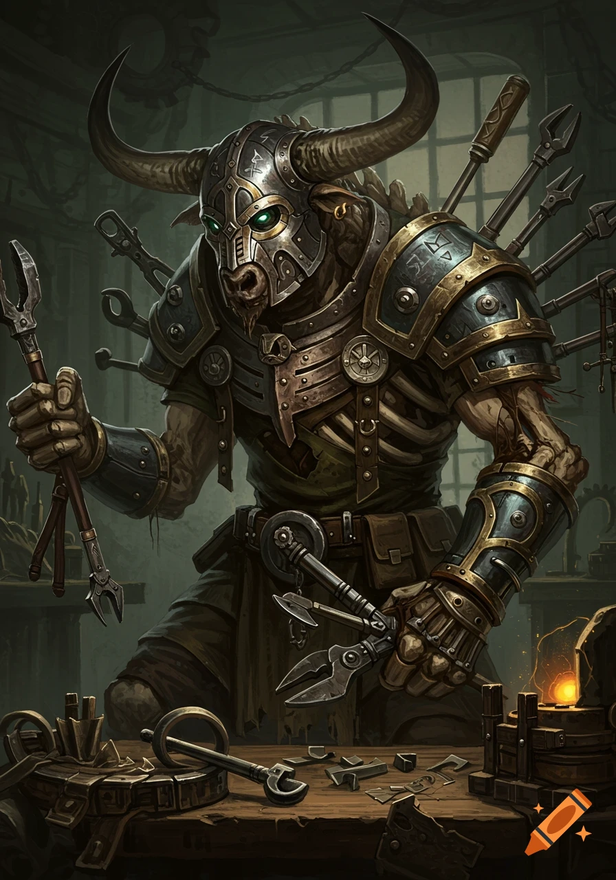 A skeletal minotaur artificer wearing metal armor and a horned helmet, holding tools in a dimly lit workshop.