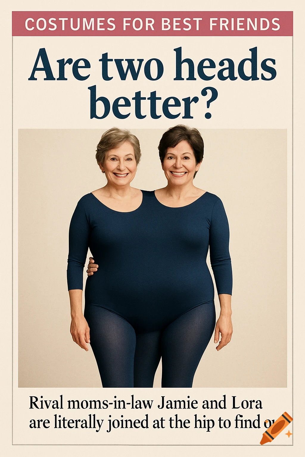 A photorealistic image of two older women conjoined at the torso, posing for a magazine article about a two-headed costume illusion.