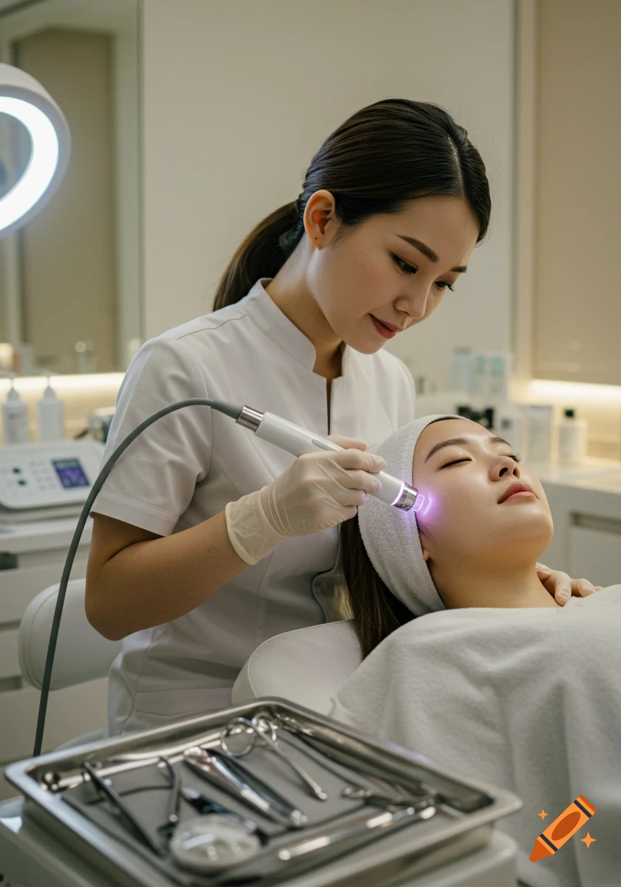 A Korean esthetician uses a glowing cold plasma wand on a young woman's cheek in a luxury skincare clinic, with spa tools on a tray in the foreground.
