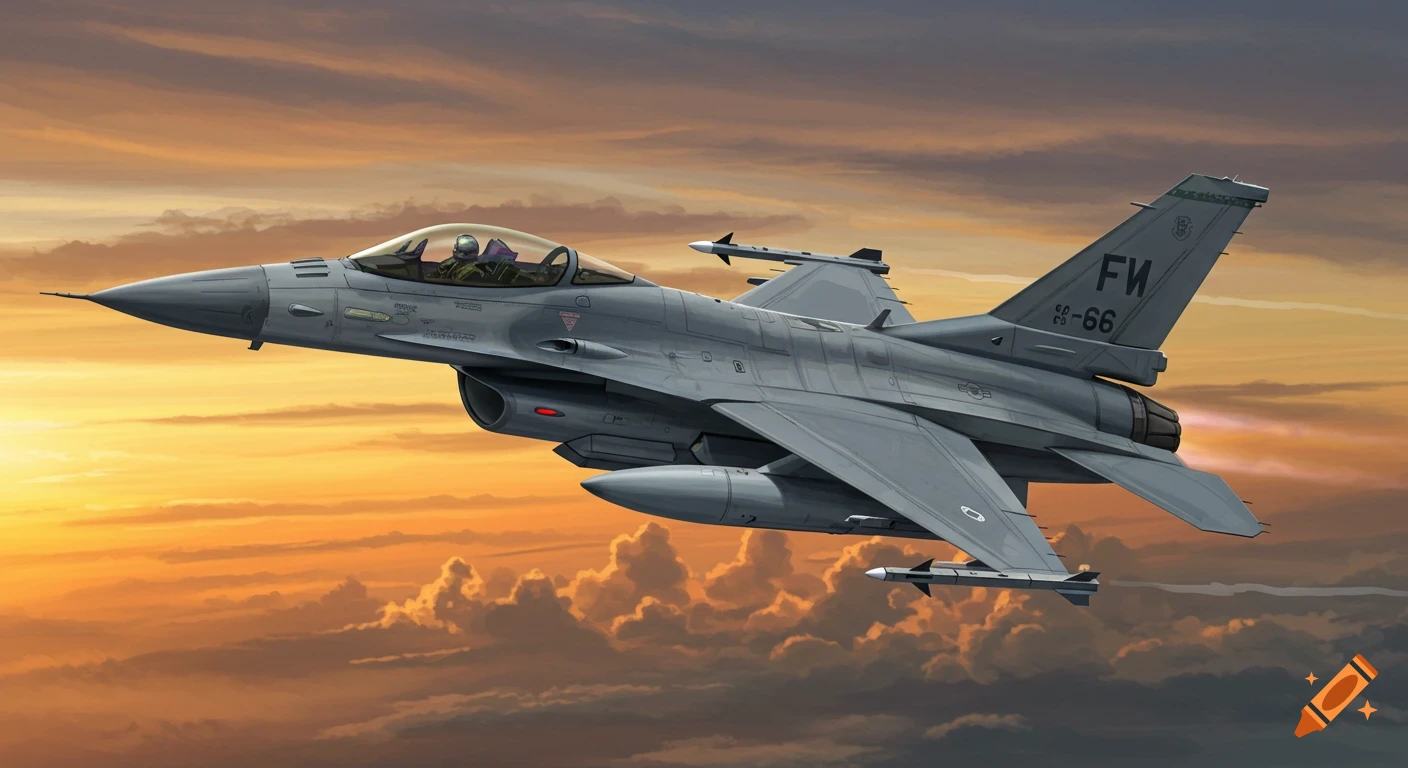 A gray F-16 fighter jet flies through a vibrant orange and purple sunset sky with clouds.