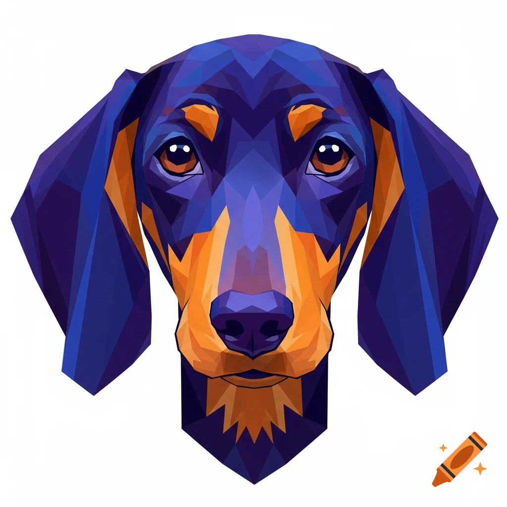 Geometric, low-poly illustration of a dachshund dog's head, featuring shades of blue and orange against a white background.