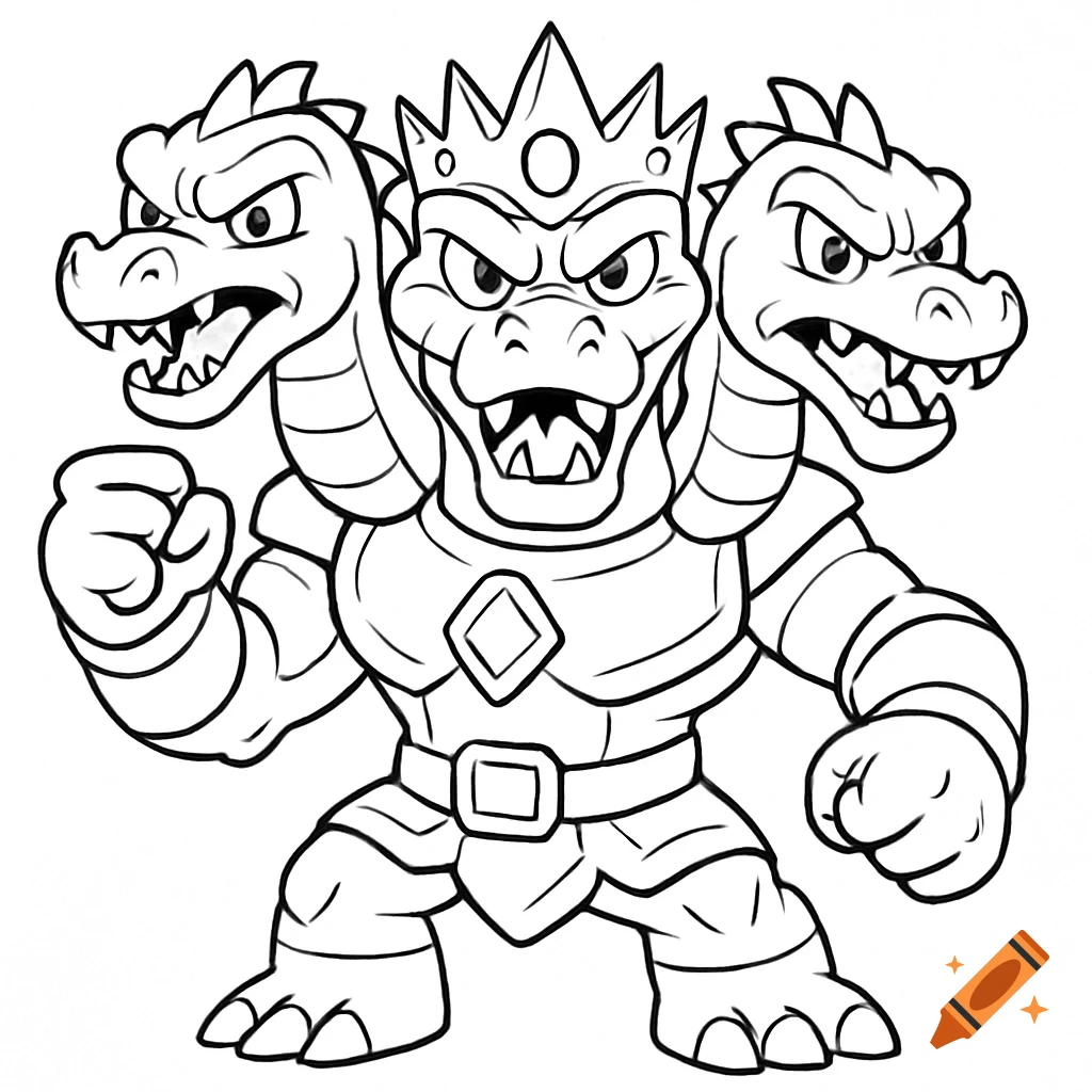 Black and white line art of a three-headed monster king wearing a crown and armor, with fists clenched.