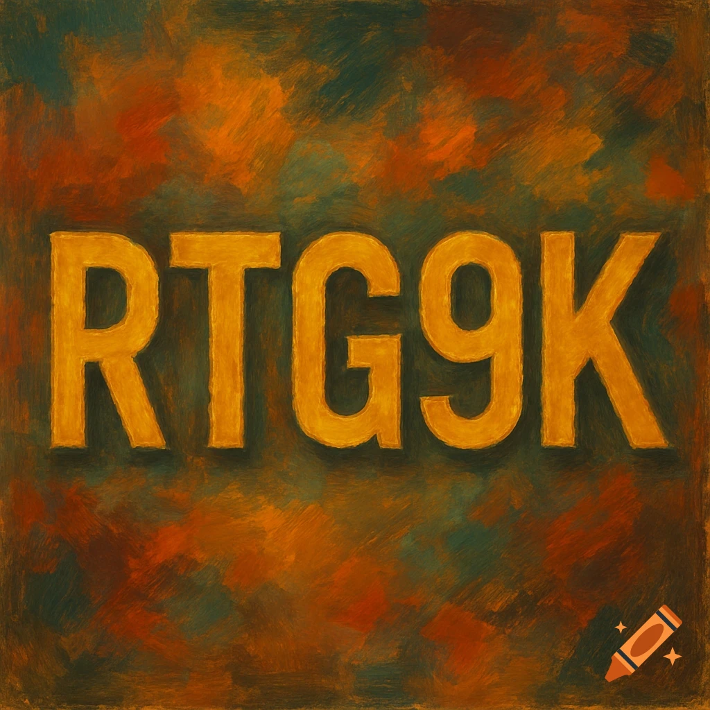 Golden yellow text 'RTG9K' on an abstract, textured background with green, orange, and brown brushstrokes.