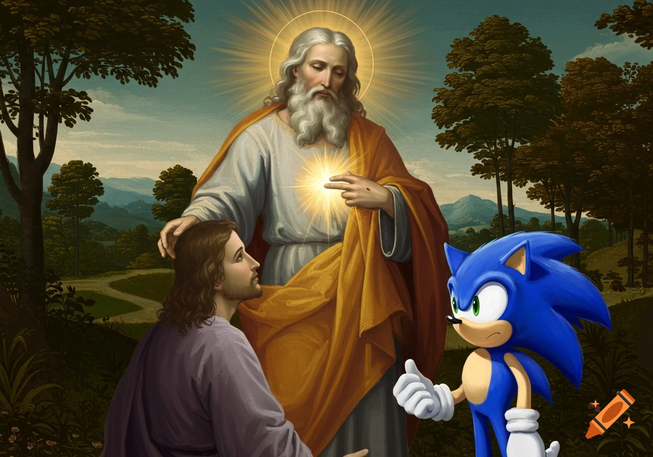 God and Jesus interact with Sonic the Hedgehog in a classical Renaissance painting.