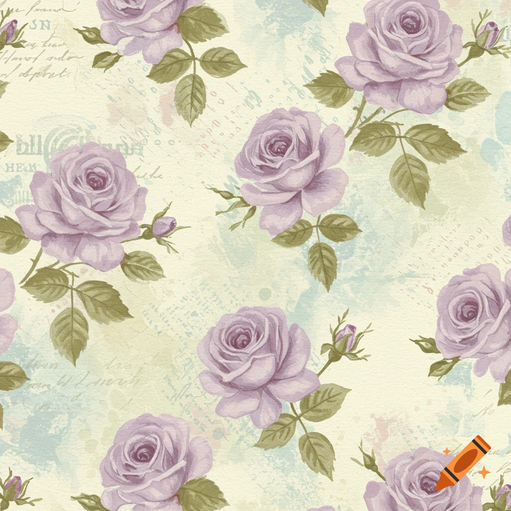 Seamless pattern of lavender roses with green leaves on a shabby chic background with faint script and watercolor textures.