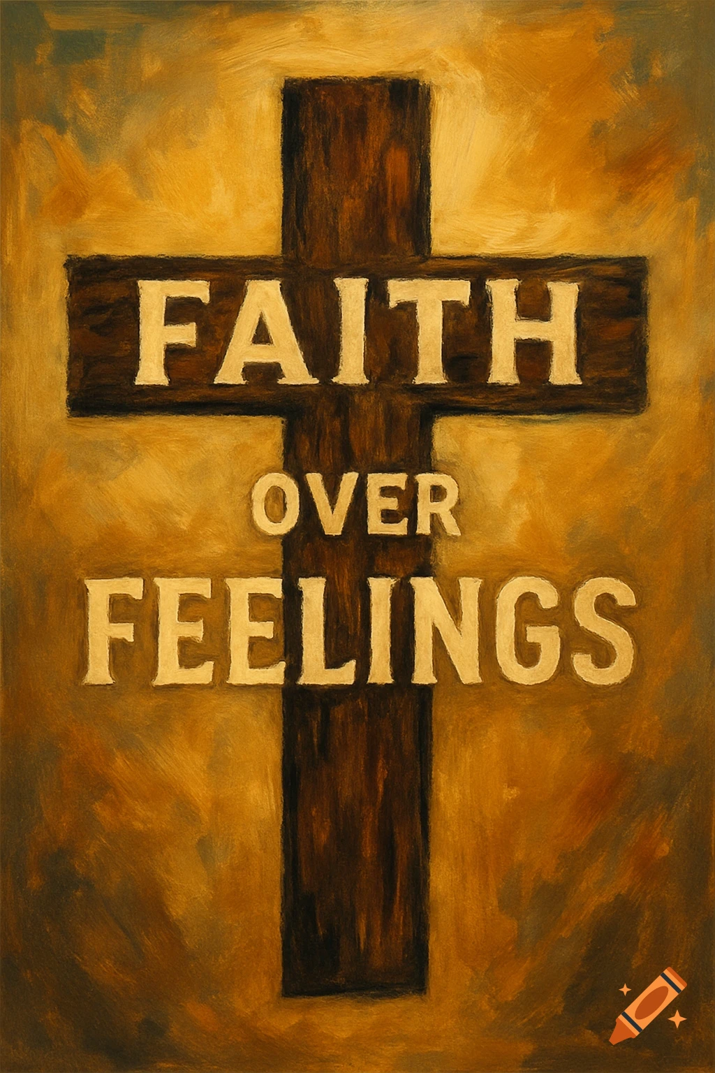 A textured painting of a wooden cross against a golden-brown background, with the words "FAITH OVER FEELINGS" written on it in cream.