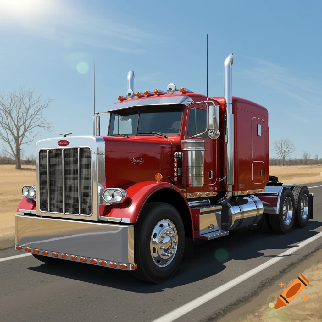 A bright red Peterbilt semi-truck parked on a desert road under a clear blue sky.