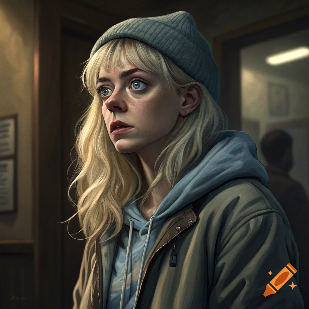 A photorealistic portrait of a young woman with blonde hair and wide blue eyes, wearing a gray beanie and a brown jacket over a blue hoodie, looking intently to the side.
