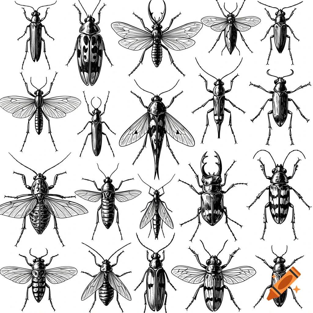 A collection of detailed black outline drawings of various insects.