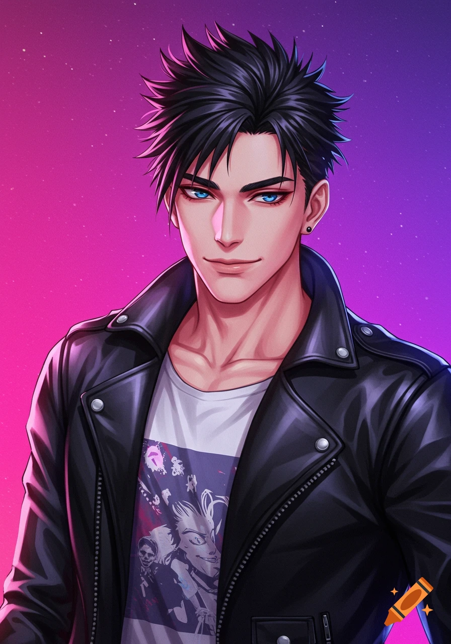 Anime portrait of a handsome man with spiky black hair, blue eyes, wearing a black leather jacket.