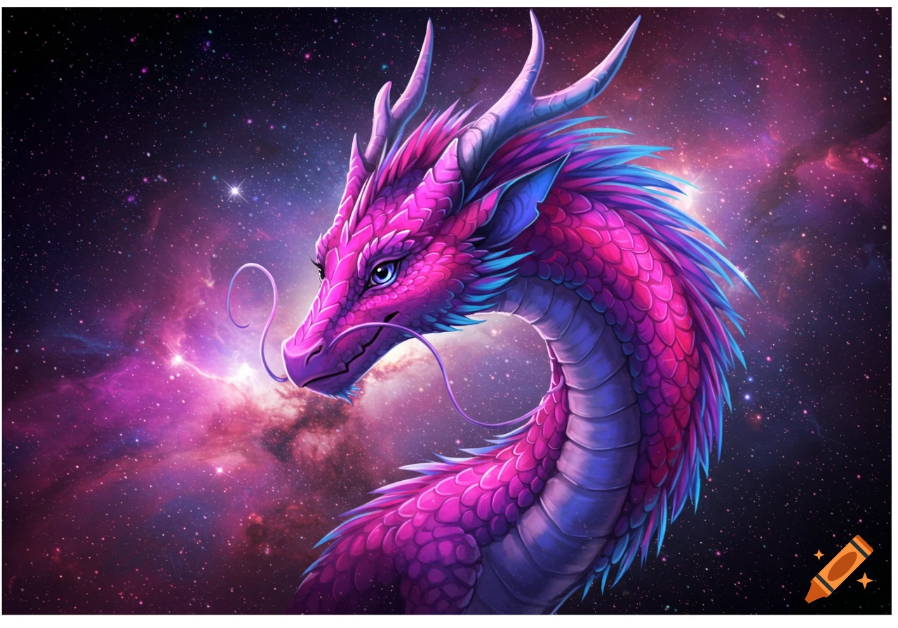 A vibrant pink, purple, and blue dragon with blue eyes against a cosmic background of stars and nebulae.