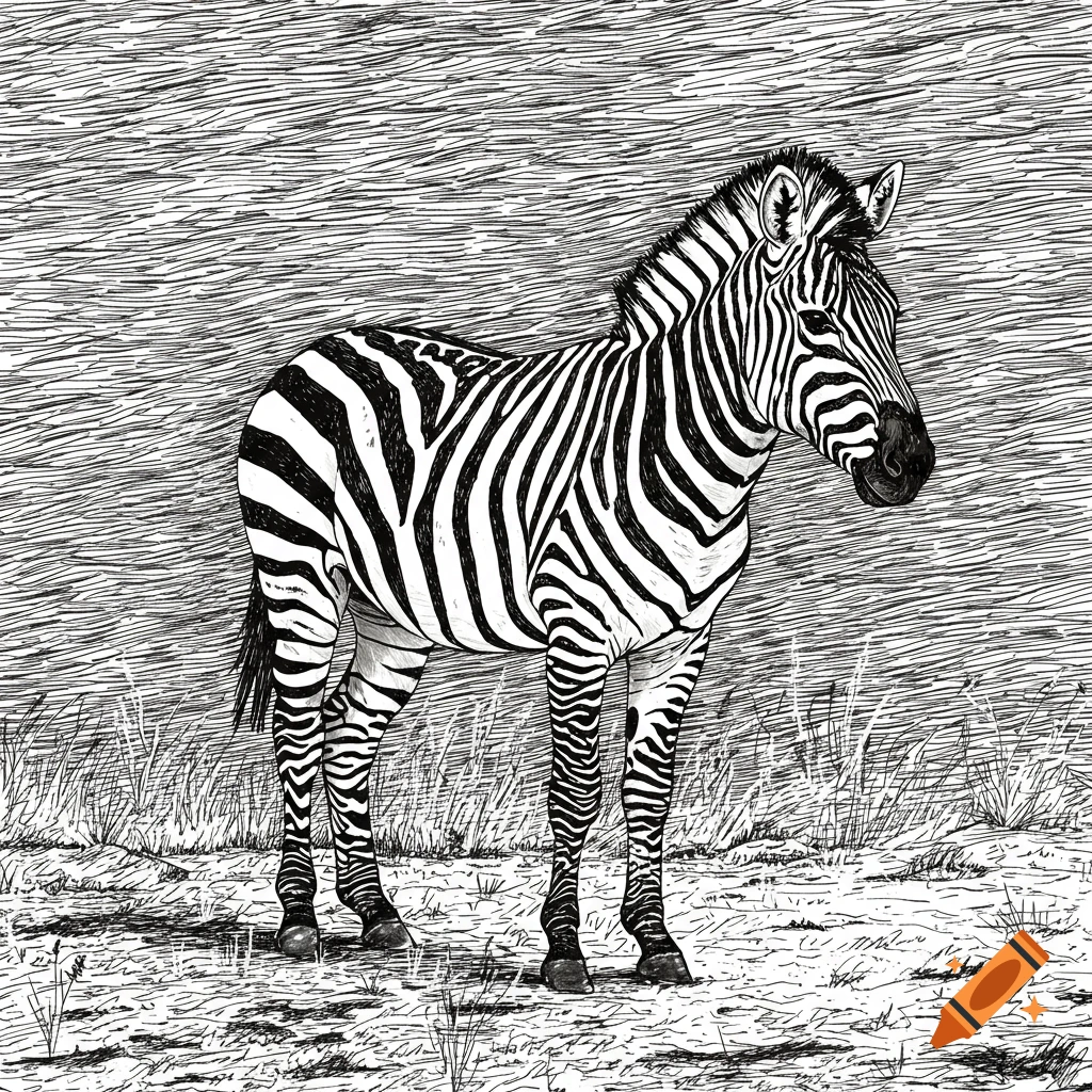 A stylized black and white line art illustration of a zebra standing in a field, blending into the abstract linear background.