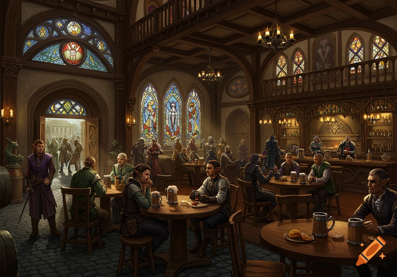 A detailed fantasy illustration of a bustling tavern filled with patrons, including elves, drinking and socializing.