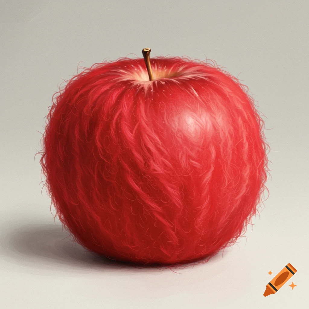 A red apple covered in fluffy red wool, like a fuzzy fruit, against a light background.