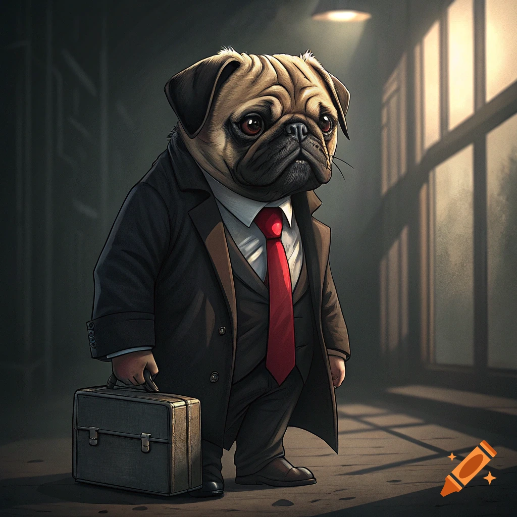 A pug dog dressed in a dark suit with a red tie and trench coat, holding a briefcase, stands in a dimly lit room.