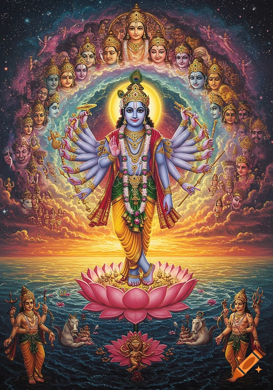 Vibrant painting of multi-armed, blue-skinned Lord Krishna standing on a lotus, surrounded by cosmic deities above an ocean sunset.