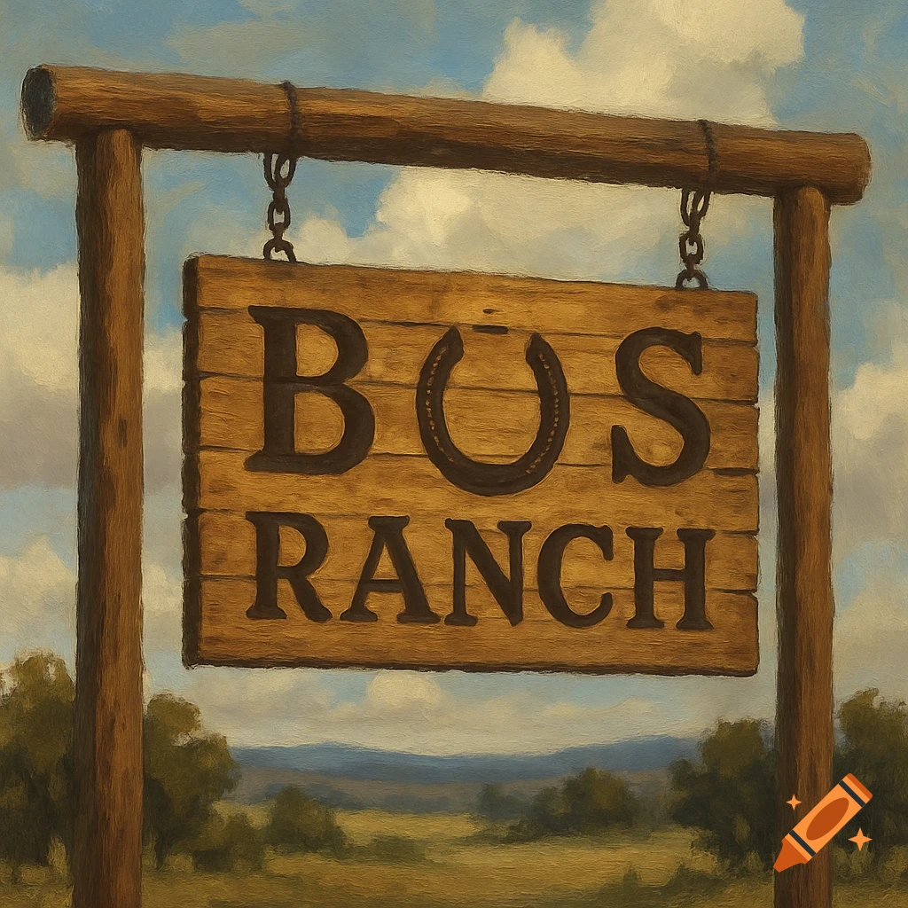 A painterly image of a rustic wooden ranch sign reading 'BOS RANCH ...