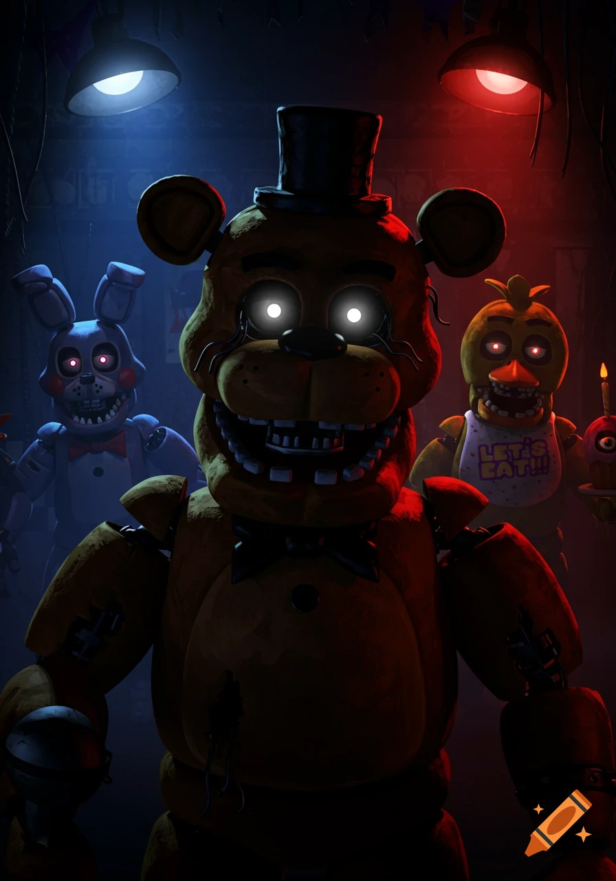 Freddy Fazbear, Bonnie, and Chica from FNAF in a dark, ominous room with glowing eyes.