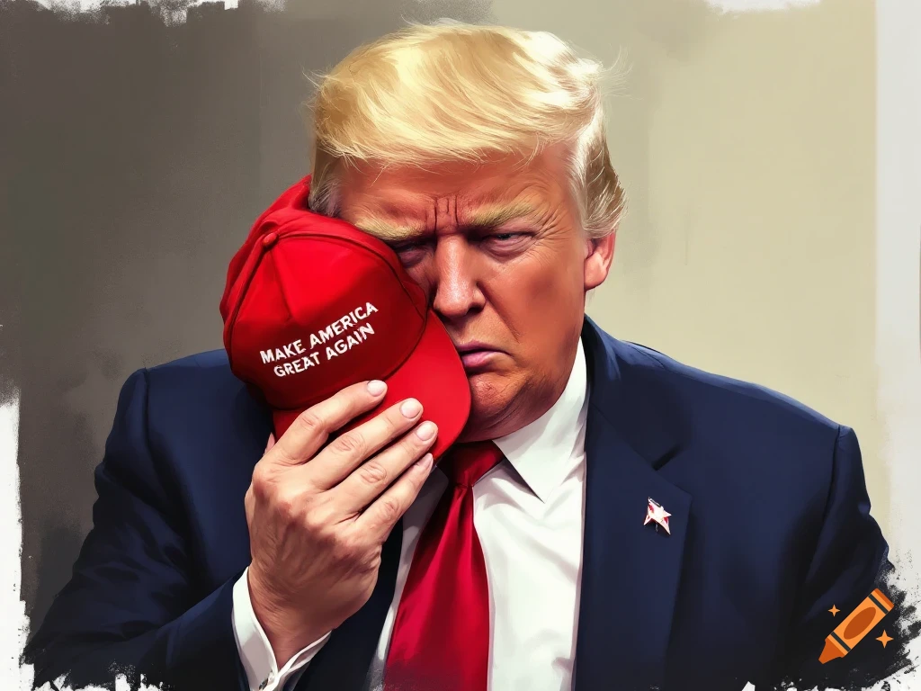 Caricature of Donald Trump holding a red 'MAKE AMERICA GREAT AGAIN' hat to his face, looking annoyed.