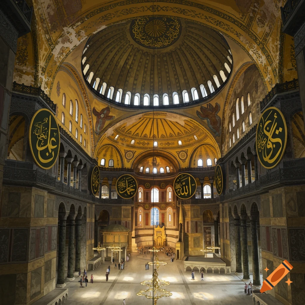 Grand interior view of Hagia Sophia with a massive dome, arched windows, and large calligraphic panels.