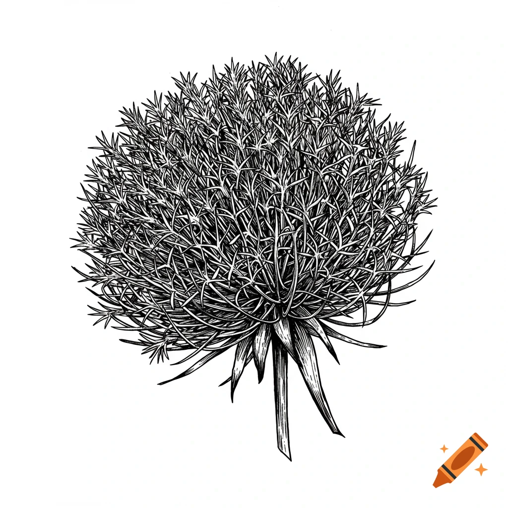 A detailed black and white illustration of a dense, thorny, rounded plant resembling a tumbleweed.