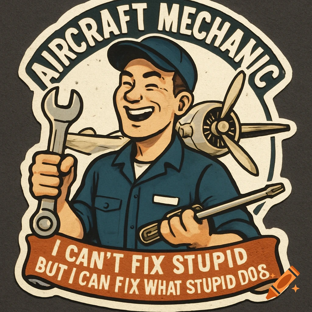 A cartoon sticker of a smiling aircraft mechanic holding a wrench and screwdriver with text.