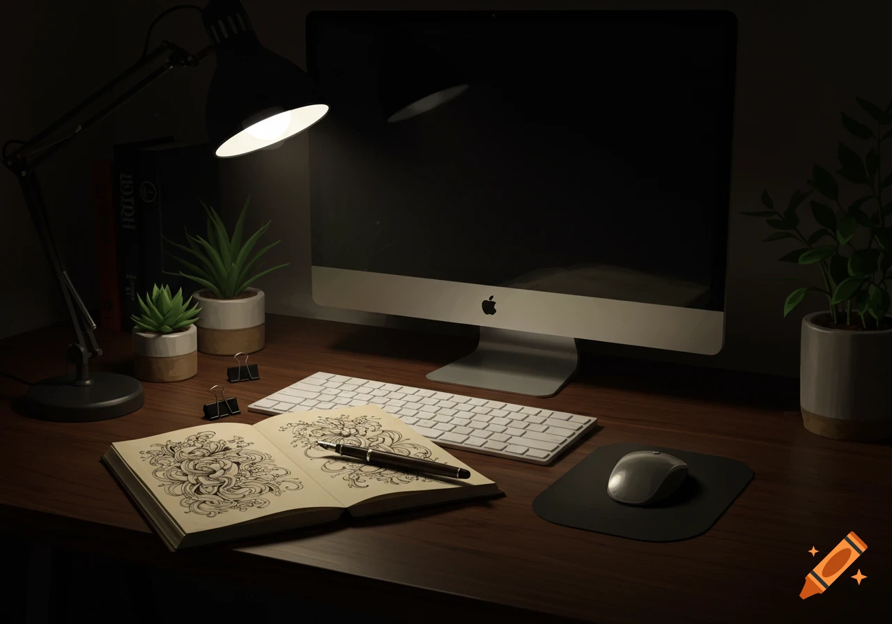 A well-lit desk with a computer, lamp, potted plants, keyboard, mouse, and an open notebook.