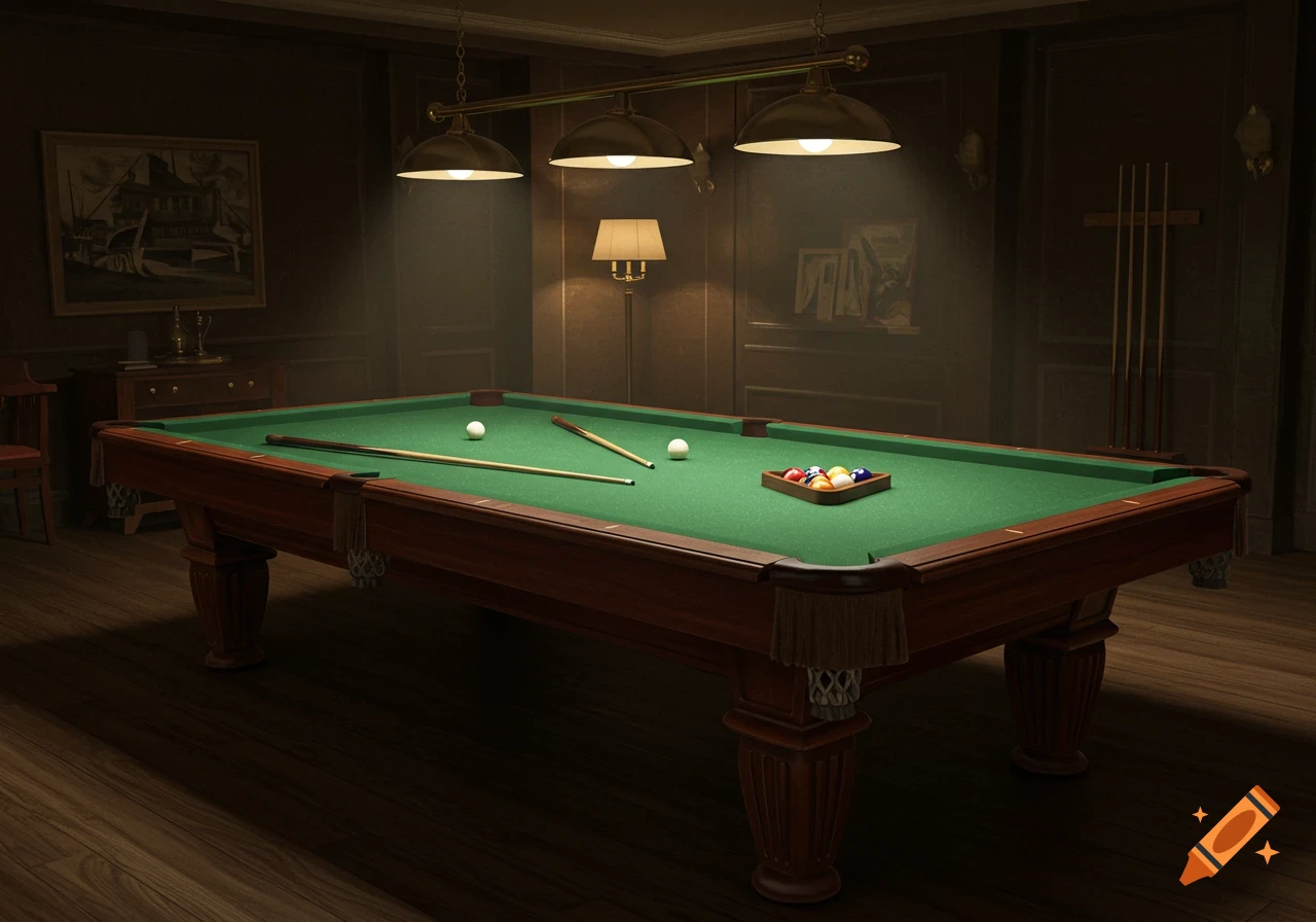 A photorealistic image of a vintage pool table in a dimly lit, well-furnished room, with cues and balls on the green felt.