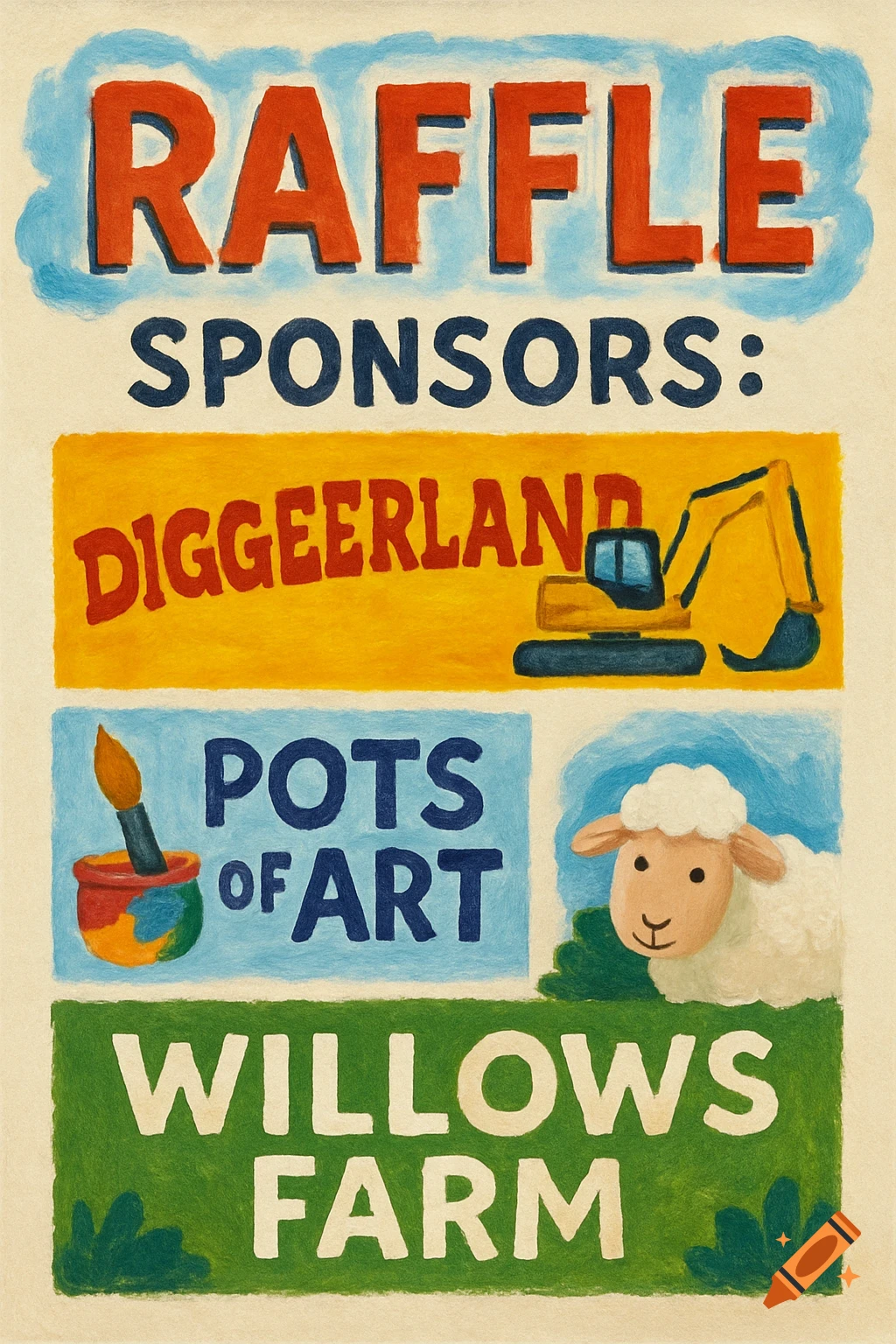 A colorful, textured poster for a raffle with sponsors. It features 'RAFFLE' and 'SPONSORS:' at the top, a yellow banner with 'DIGGEERLAND' and an excavator, a blue banner with 'POTS OF ART' and an art pot with a brush, and a green banner with 'WILLOWS FARM' and a sheep.