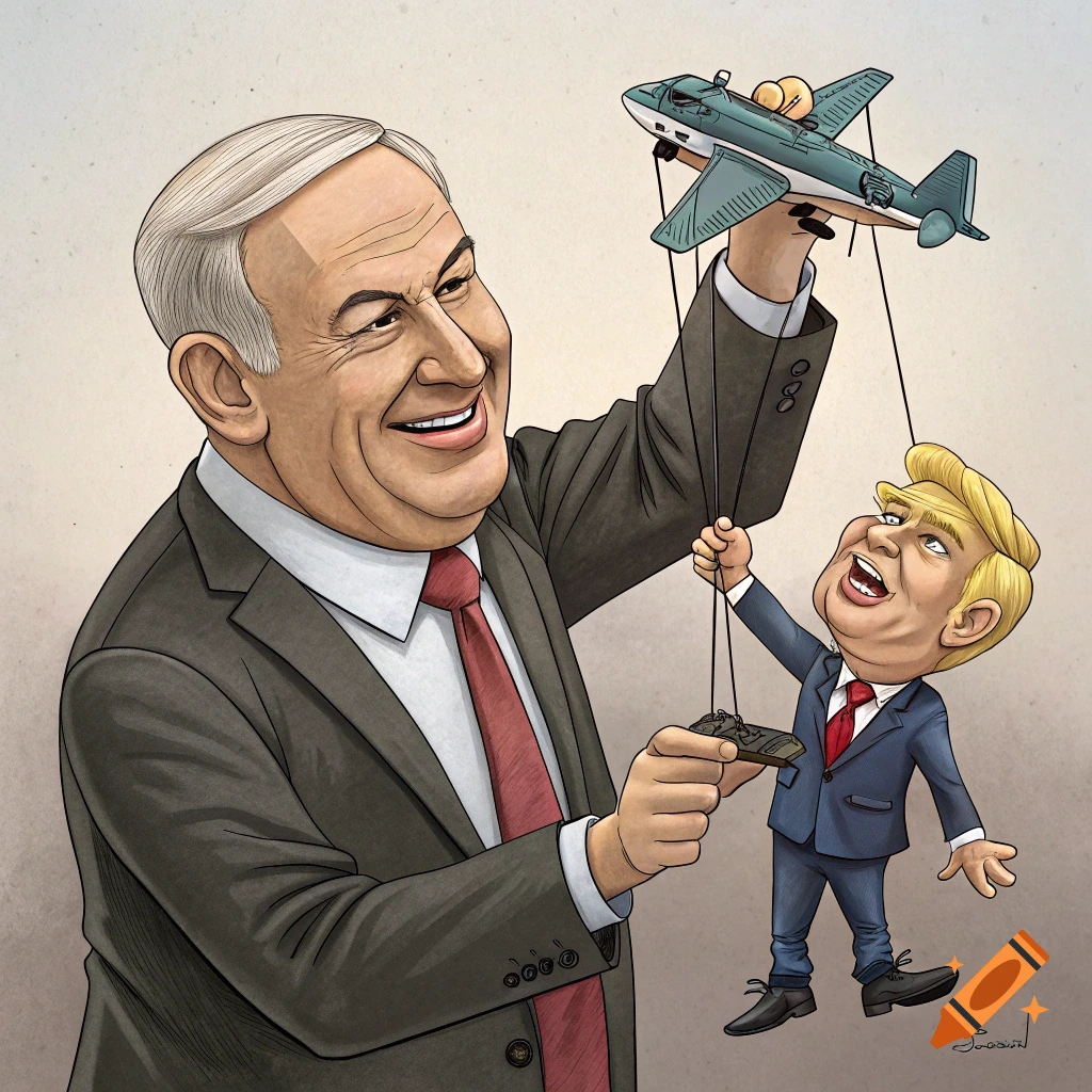 A smiling Benjamin Netanyahu as a puppeteer controls a Donald Trump puppet holding a toy tank and plane, in a political cartoon style.