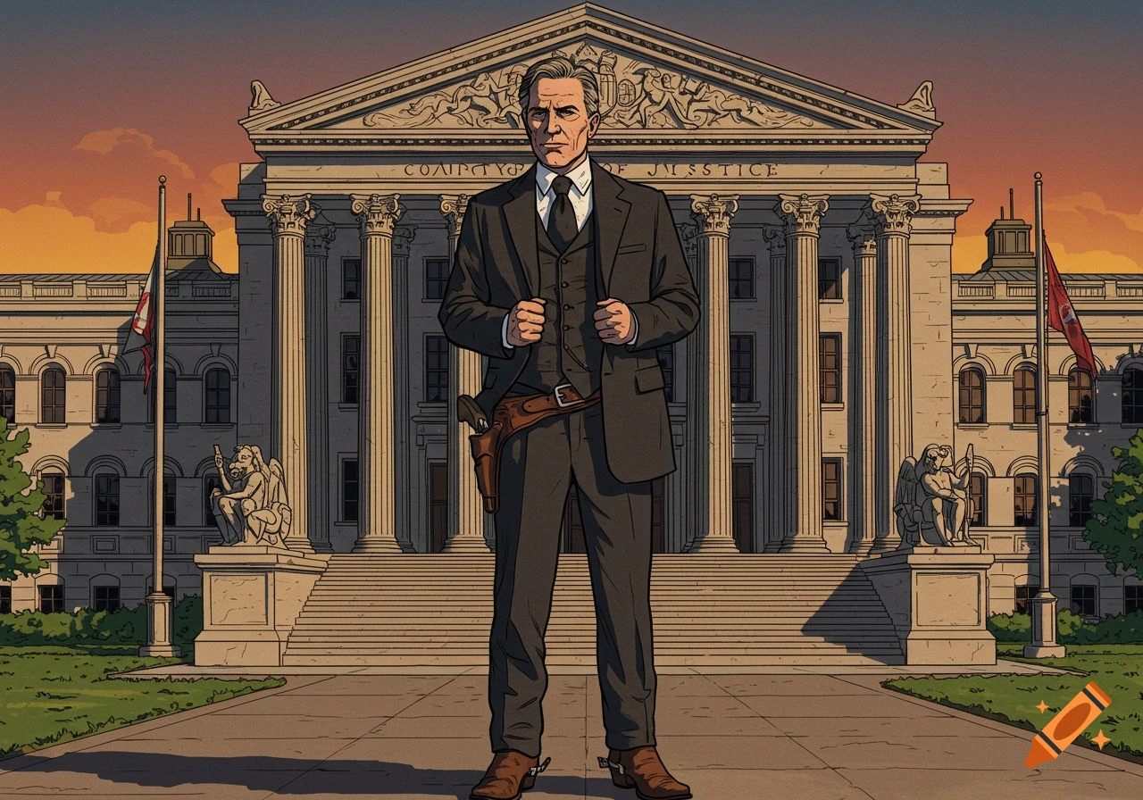 A serious man in a suit with a gun holster stands in front of a grand courthouse at sunset, in a comic book art style.