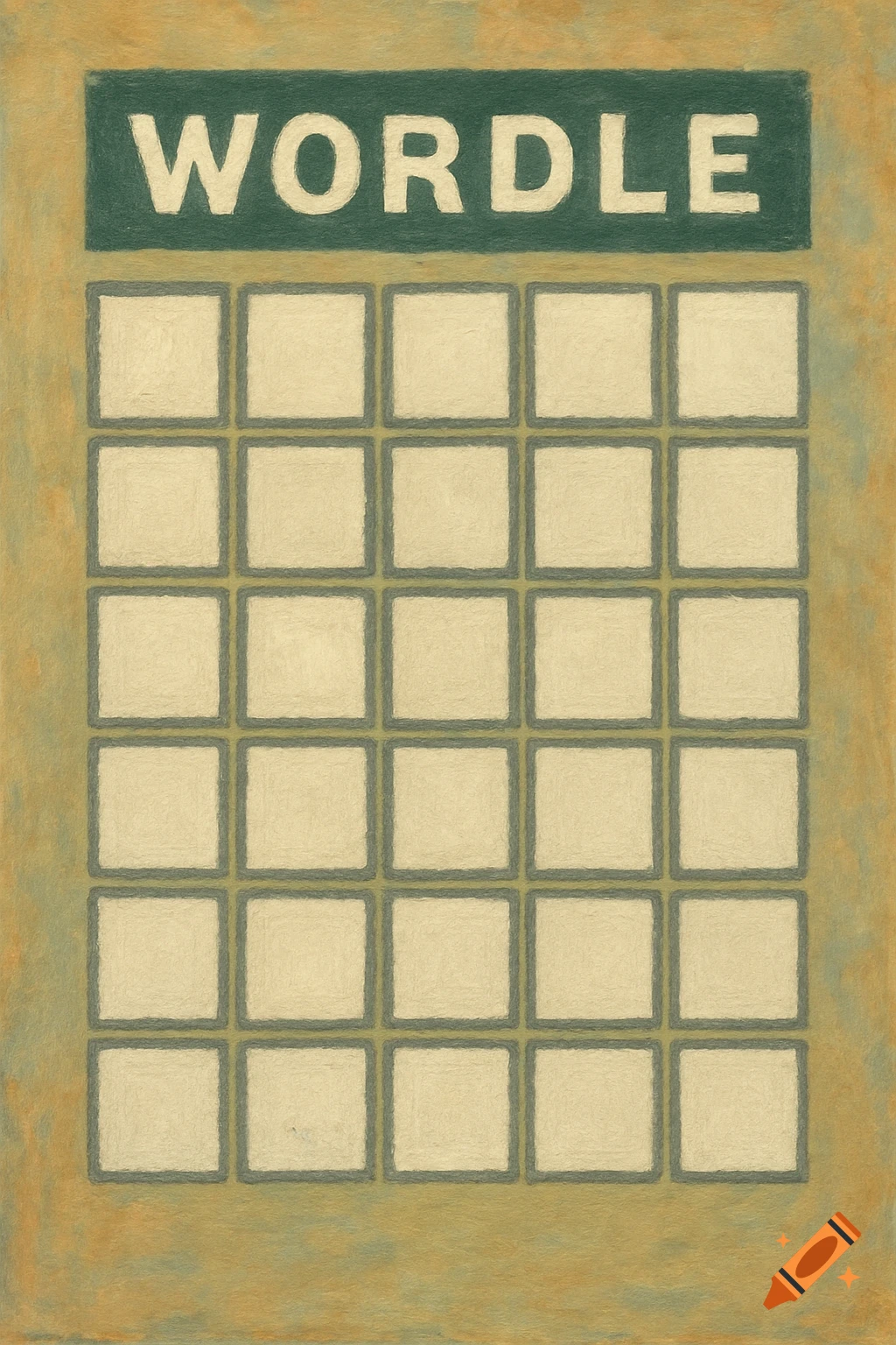 A blank Wordle game board with the word "WORDLE" at the top, rendered in a textured, painterly style.