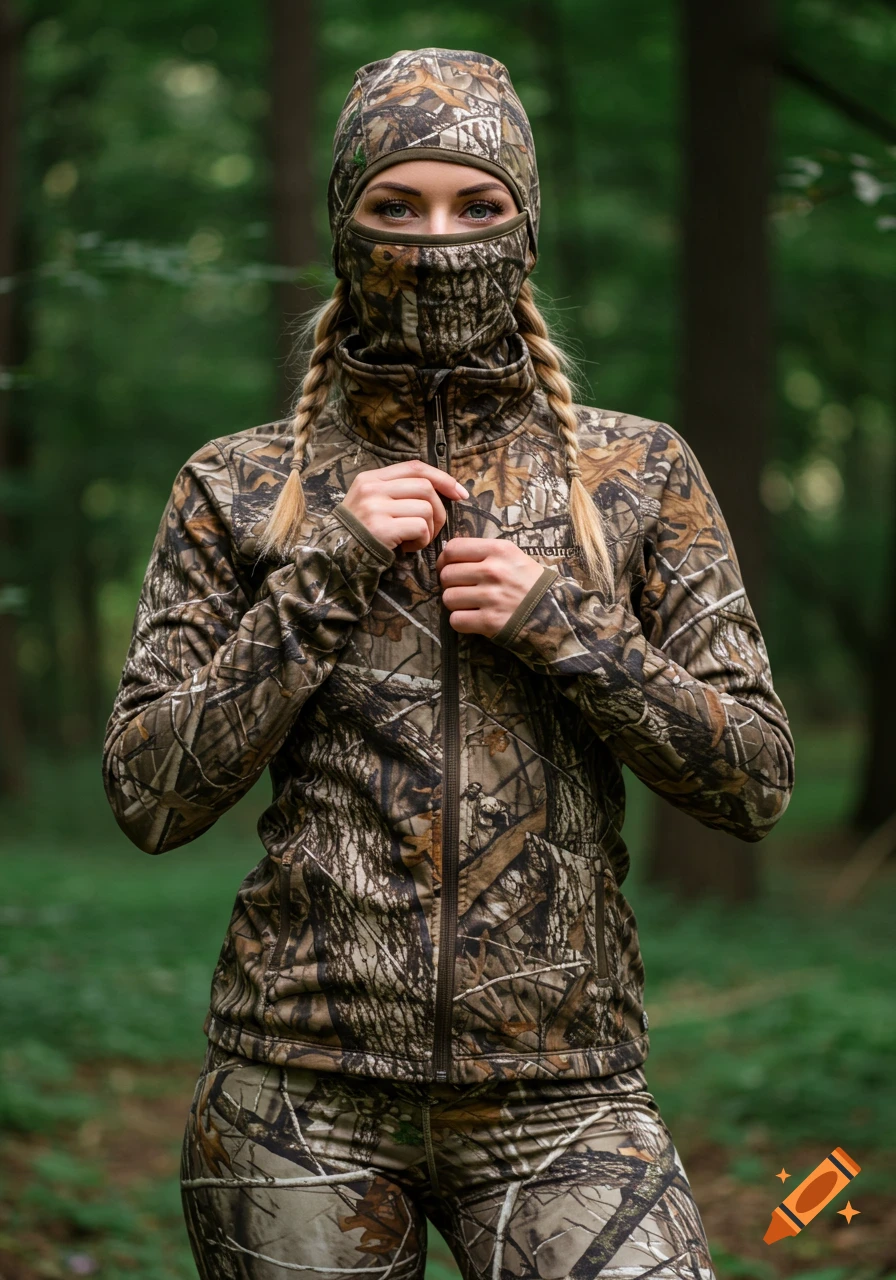 A woman with blonde braids in full camouflage hunting gear, including a jacket, leggings, and balaclava, stands in a forest.